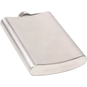 A stainless steel hip flask with a sleek, polished finish and a rounded edge, featuring a logo.