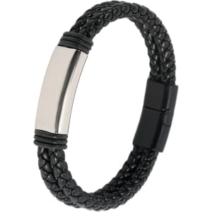 A double-row braided leather bracelet in black, featuring a sleek silver-tone clasp.