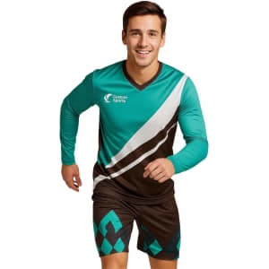 A unisex long-sleeve football jersey in teal and brown, featuring a logo and a modern design.