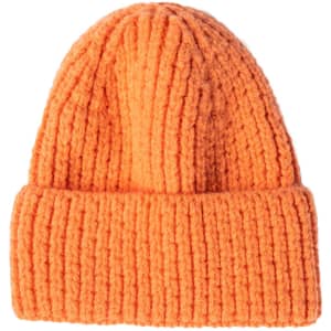 An orange twisted cable cuffed beanie with a ribbed texture. It features a logo on the side.