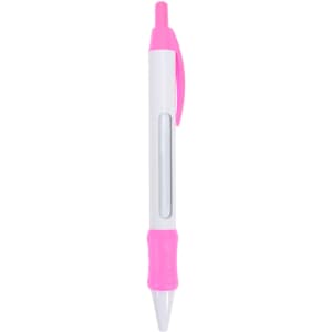 A pen with a white barrel and bright pink grip and clip, featuring a transparent window.