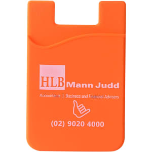 An orange Smart Wallet featuring a logo, designed to hold cards and small items.