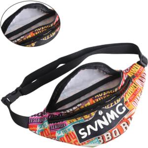A vibrant full-colour bum bag featuring various colourful patterns and a black adjustable strap with a logo.