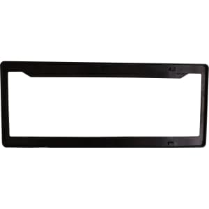 A black plastic licence plate frame with an opening for a licence plate and a simple design.