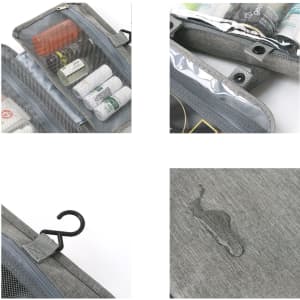 A grey hanging toiletry bag with multiple compartments, transparent mesh pockets, and a hook for easy hanging.