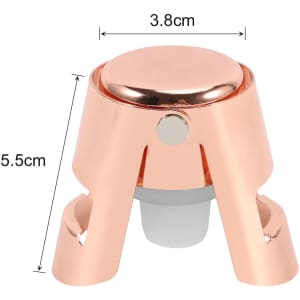 A stainless steel champagne stopper in a rose gold finish, featuring a sleek design with a white rubber seal.