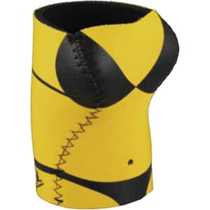 A drink bottle holder designed to resemble a bikini top, featuring yellow and black colours and a logo.
