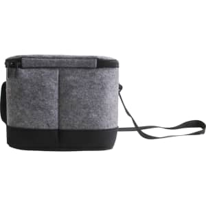 A grey felt cooler bag with a black base and strap, featuring a zippered top and two side pockets.