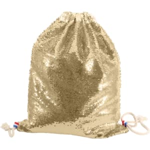A gold sequin drawstring bag with decorative rope ties and a branding logo.