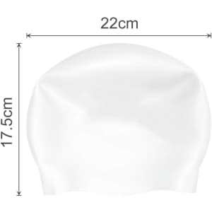 A seamless white silicone swimming cap with dimensions of 22cm by 17.5cm and a simple design.