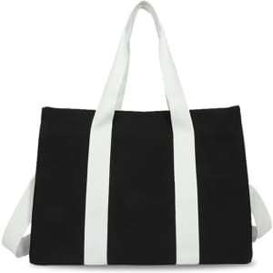 A black canvas grocery shopping bag with white handles and a logo on the front.