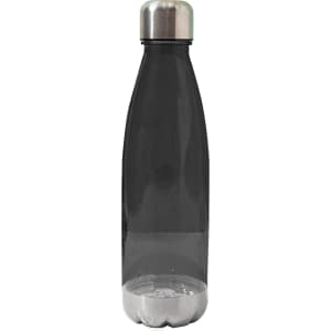A drink bottle in translucent black with a stainless steel lid and a rounded base, featuring a logo.