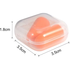 An orange pair of earplugs stored in a clear plastic case with measurements provided.