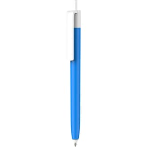 A push button pen with a blue barrel and creamy white cap, featuring a clip and a branding logo.