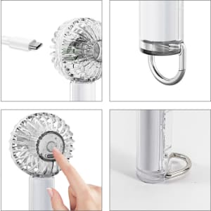 A transparent fan with LED light features a USB-C charging port, a power button, and a silver handle for easy attachment.