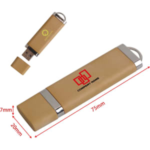 A tan Eco Constellation flash drive with a silver collar and a removable cap, featuring a logo. Measuring 75mm by 20mm.
