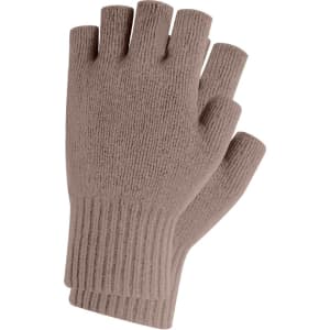 Fingerless gloves in a soft, muted brown knit with a ribbed cuff design and a woven label.