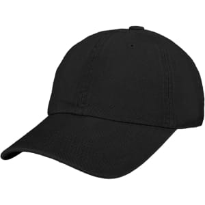 A black premium washed cotton baseball cap with a curved brim and an adjustable strap at the back. Features a logo.
