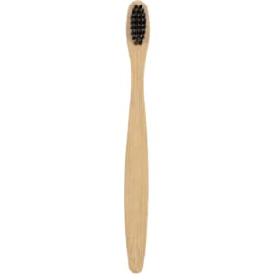 A small bamboo toothbrush with a natural wood handle and black bristles, featuring a simple design and a logo.
