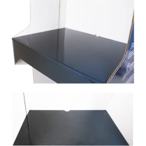 A three-tier cardboard floor display in navy blue, featuring a sleek, glossy surface with a clean design.