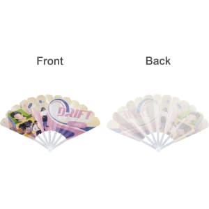 A plastic hand fan featuring a colourful design on the front and a simple back, with a branding logo present.