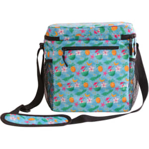 A vibrant cooler bag with a floral pattern, featuring a strap and a side mesh pocket.