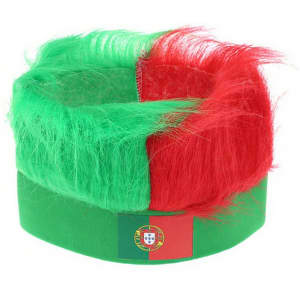 A headband wig featuring vibrant green and red hair, with a green band displaying a logo.