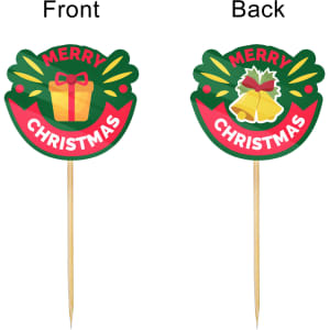 A pack of 100 custom sticker toothpicks featuring a festive Christmas design in red, green, and yellow.