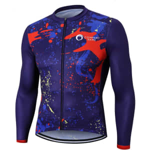 A men's long sleeve cycling jersey featuring a vibrant blue and red splatter design with a logo.