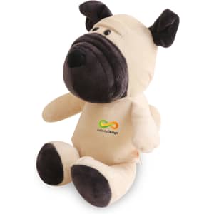 A plush dog toy in cream and black with a soft texture and a logo on its body. Suitable for fun and games.