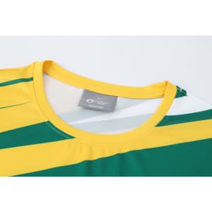 A green and yellow striped long-sleeved sports shirt featuring a round neck and a logo on the label.