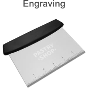 A bench scraper with a black plastic handle and a stainless-steel blade featuring measurement markings.