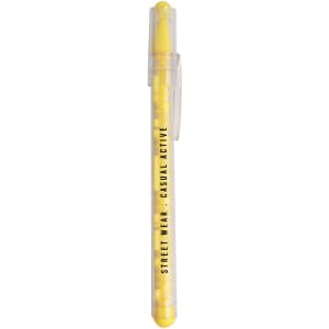A yellow Puzzle Maze Pen with a transparent body and clip, featuring a logo on the barrel.