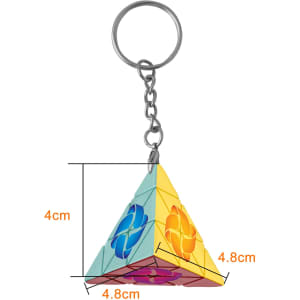 A colourful pyramid-shaped puzzle keyring in blue, orange, and purple, measuring 4cm in height and 4.8cm in width.