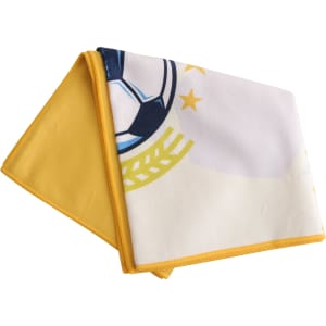 A folded colour sports towel with a soccer ball design and yellow trim, measuring 50x100cm.