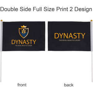 A rectangular cheering flag stick features a double-sided black flag with gold text and a logo on both sides.