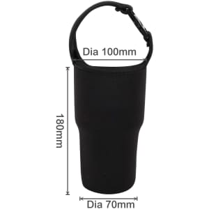 A drink bottle holder pouch in black with a handle and specified dimensions. It features a logo.