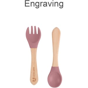 Ergonomic silicone kids cutlery set featuring a pink fork and spoon with wooden handles. Includes a logo.