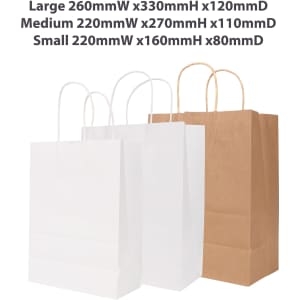 A collection of kraft paper bags in white and brown, varying in size with twisted handles. One bag is brown.