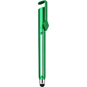 A green promotional pen with a clip, featuring a stylus tip and a visible QR code section.