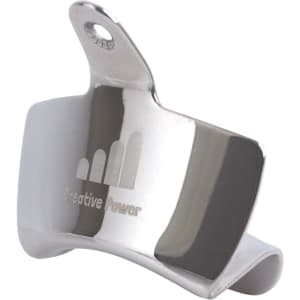 A drink bottle opener in shiny stainless steel, featuring a wall mount design and a logo.