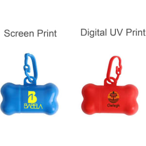 A blue bone-shaped pet waste bag dispenser and a red bone-shaped dispenser, each with a clip for attachment.