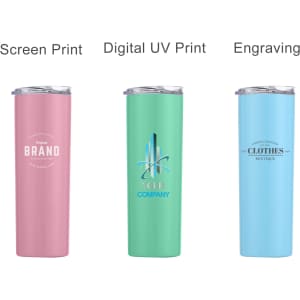 A drink bottle set featuring three U-shaped stainless steel cups in pink, green, and blue, each with a lid and branding.