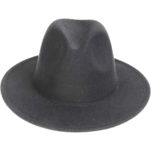 A black felt wide brim fedora hat with a smooth texture and a rounded crown, featuring a logo on the interior.