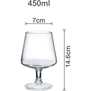 A clear glass brandy snifter, measuring 7 cm wide and 14.6 cm tall, with a rounded bowl and a sturdy stem.