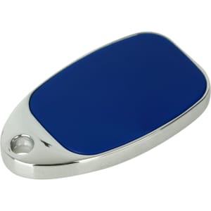 A sleek blue and silver sliding epoxy doming flash drive with a polished finish and a hole for attaching a keyring.