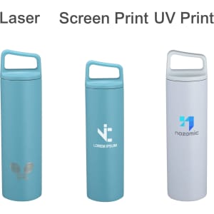 A drink bottle trio in light blue and white, featuring handles and various logo designs.