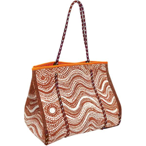 A Large neoprene beach tote bag in brown and orange with a wave pattern and a logo.