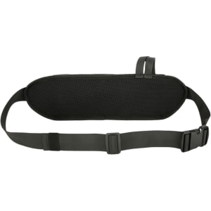 A black fanny pack with a mesh back and adjustable straps, featuring a bottle holder and a branding logo.