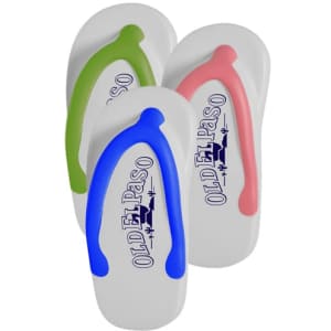 A set of three stress reliever flip-flops in green, blue, and pink, featuring a logo on the surface.